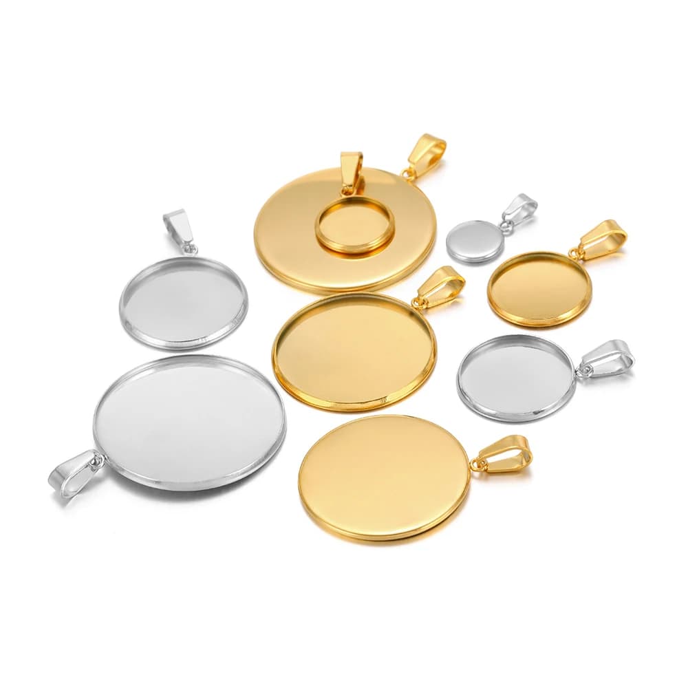 10 pezzi in acciaio inossidabile con pendente rotondo, base cabochon, vassoio di impostazione, ciondoli vuoti per gioielli fai da te, creazione di collane, accessori sfusi