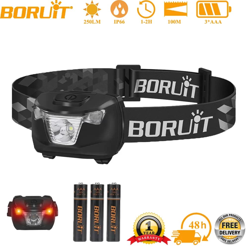 BORUiT Mini Lampada Frontale LED con Luce Bianca e Rossa, 4 Modalità, Alimentata a Batterie AAA, con Cinturino Regolabile per Campeggio
