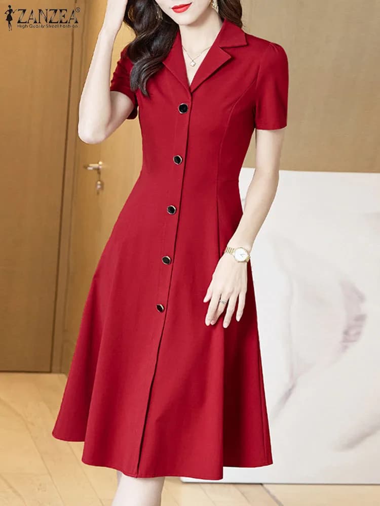 Abiti estivi ZANZEA Abito elegante camicia lunga da donna Colletto con bavero Abito da festa Abito a vita Casual Manica corta Vestito estivo da ufficio