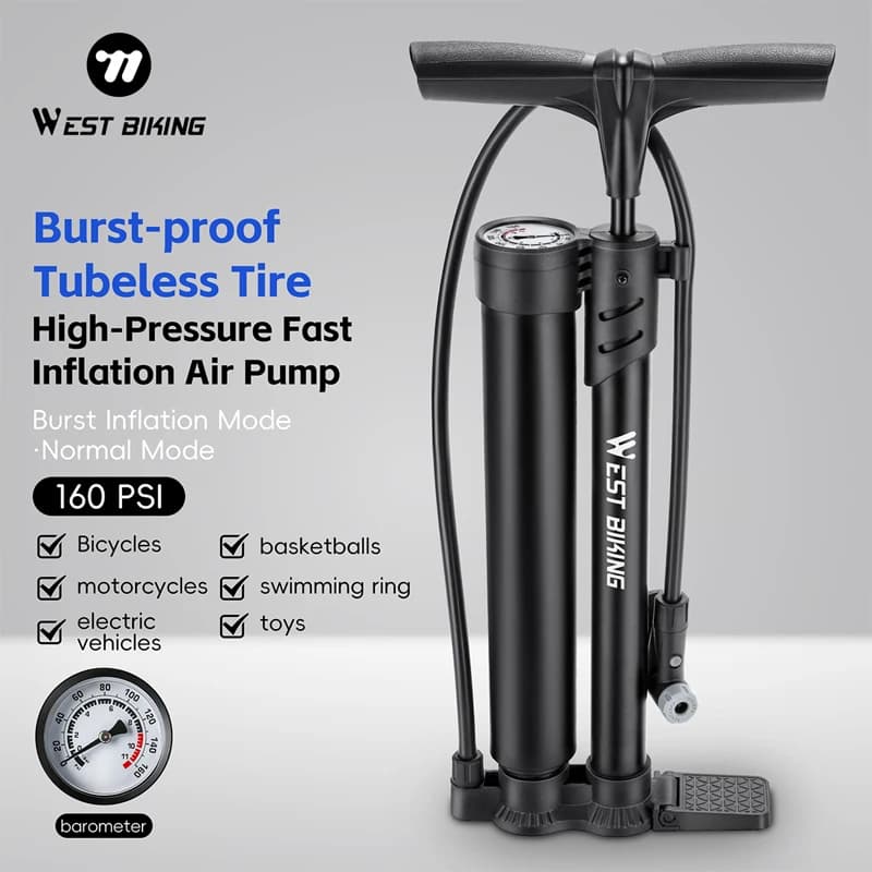 WEST BIKING 160PSI Bicycle Pump Portable Fast-Inflation Blast Pump With Gauge Presta&Schrader Valve E-Bike MTB Road Bike Pump