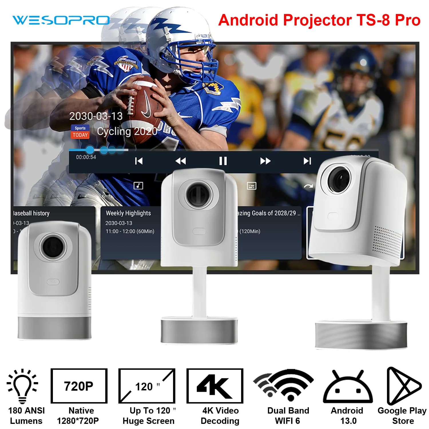 WESOPRO TS8 Pro Proiettore cardanico con sollevamento nascosto intelligente 4K portatile con Wifi6 Bluetooth 5.0 Android 13 Home Theater Keystone automatico