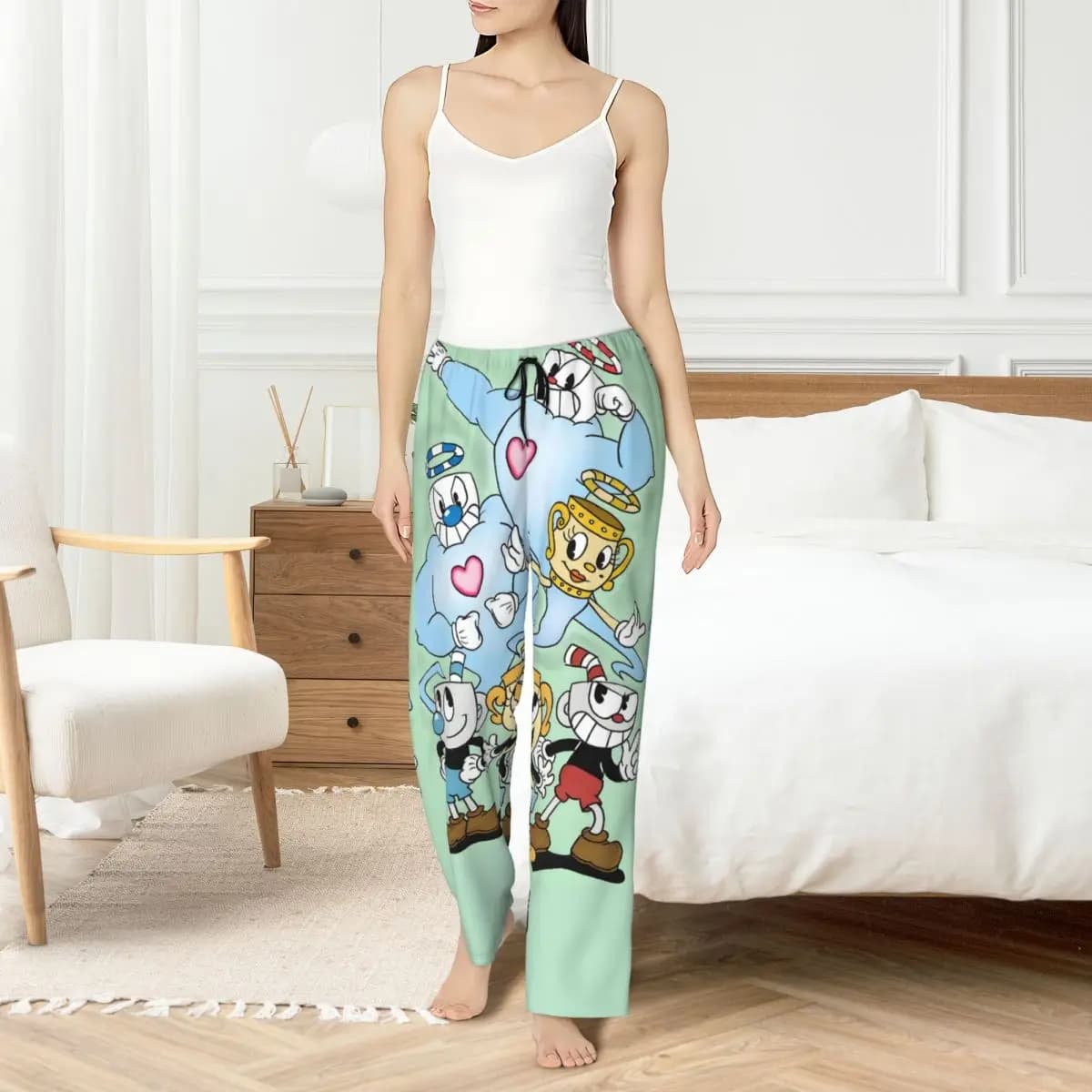 Custom Pajamas Pants Cupheads Women's Nightwear Elastic Belt Shooting Game Seating Pants for Sleep with Pockets