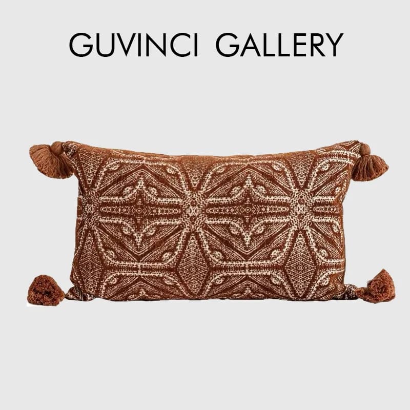 GUVINCI Modern Aztec Inspired Geometric Embroidery Lumbar Pillow Cover Luxury Handmade Retro Burnt Orange Cushion Case 30x50cm