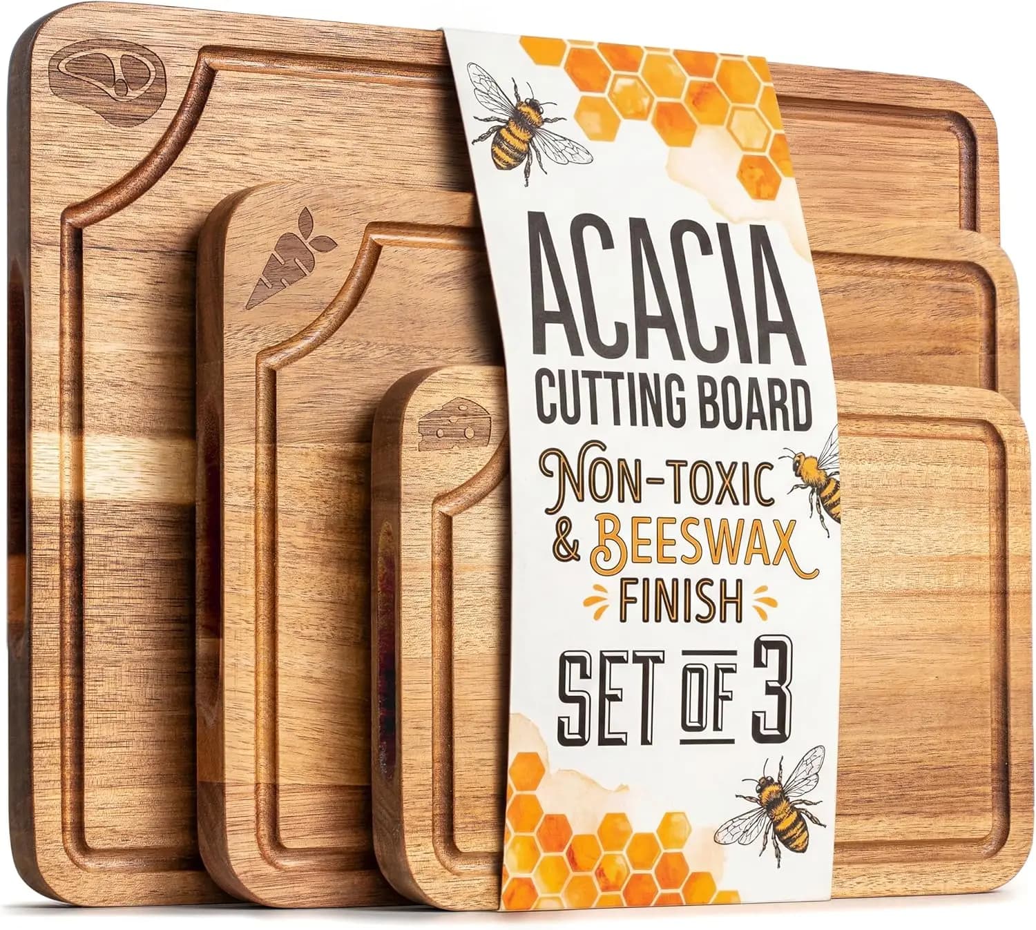 Set of 3 Acacia Wood Cutting Boards with Bees Cera Finishing, Eye Scanning, Non-slip Feet for Kitchen Use