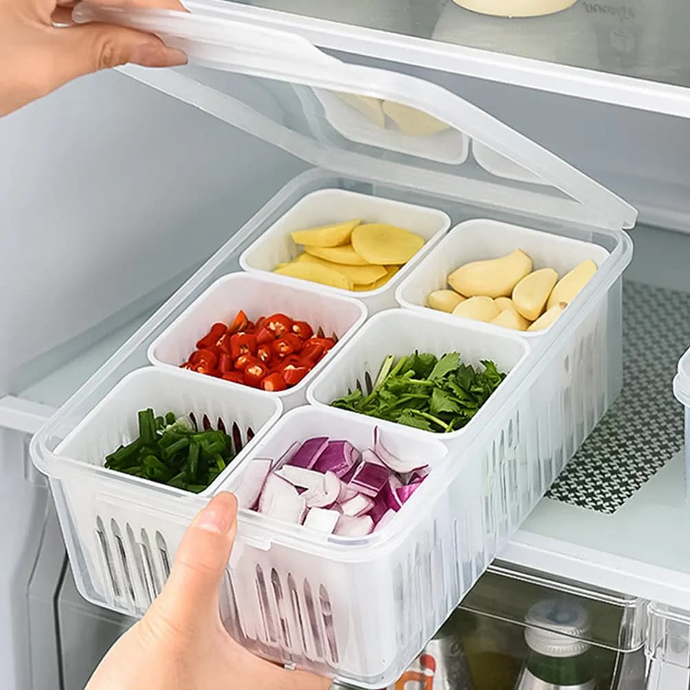 2 Set di Contenitori Ermetici per Alimenti Freschi, Organizer per Frigorifero, Porta Verdure, Cipolle, Aglio e Frutta