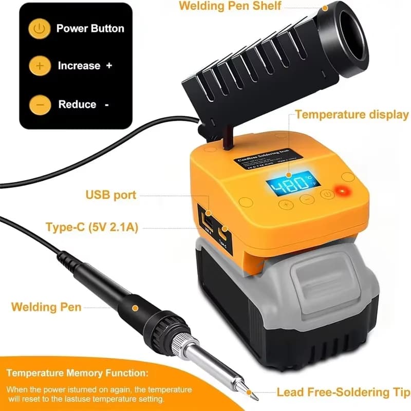 Saldatore elettrico portatile a riscaldamento rapido con USB e tipo C per stazione di saldatura a batteria Dewalt 20V con batteria agli ioni di litio