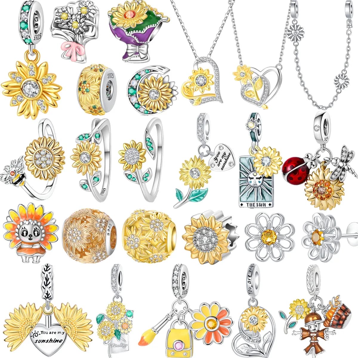 Original 925 Sterling Silver Charms Sunflower Daisy Earrings Rings Beads Pendant Bracelets Necklaces Womens DIY Jewelry Gift