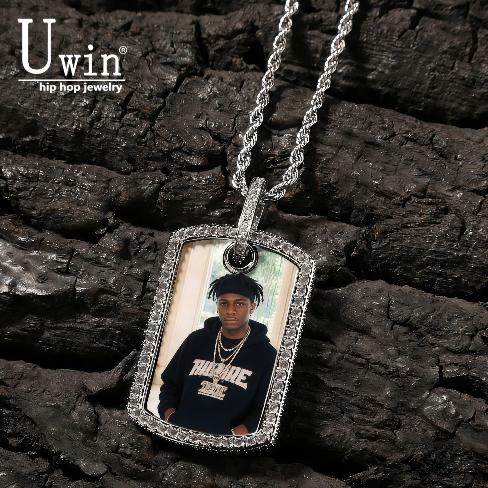 Collana con Ciondolo Personalizzato Uwin con Foto, Incisione Nome, Cornice Rettangolare con Zirconi, Gioielli Hip-Hop, Regalo Ricordo