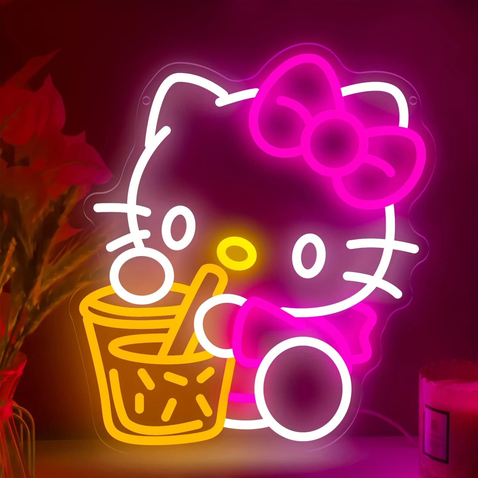 Hello Kitty Neon Sign LED Night Light USB Dimmable Bubble Tea Milk Tea Cup Design for Bedroom Home Decor Aesthetic Desk Lamp