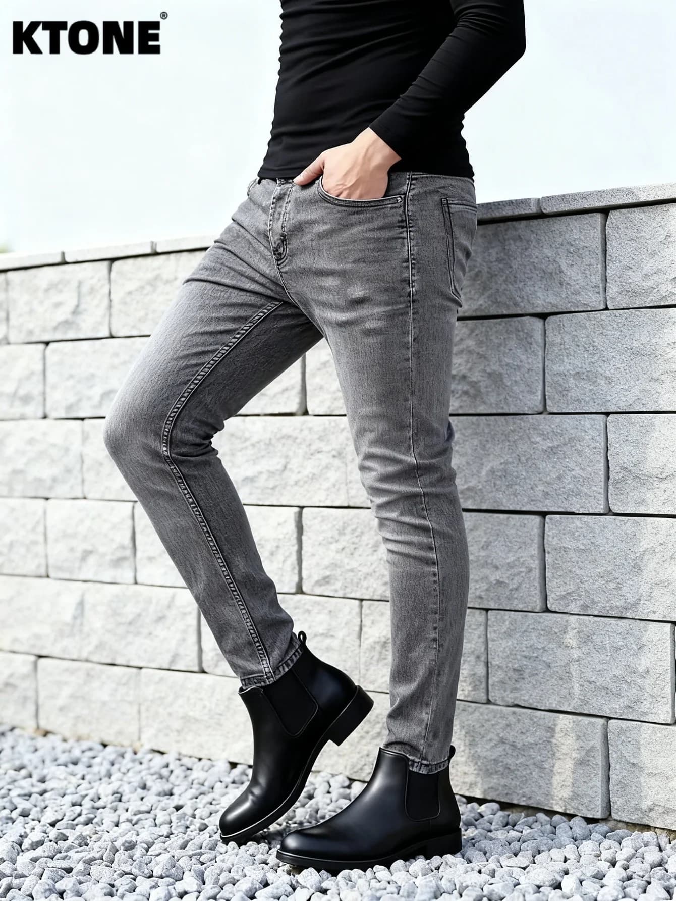 Jeans Slim Grigio Elegante da Uomo, Stile Originale Y2K Drip Fashion, Senza Accessori o Cinture Inclusi