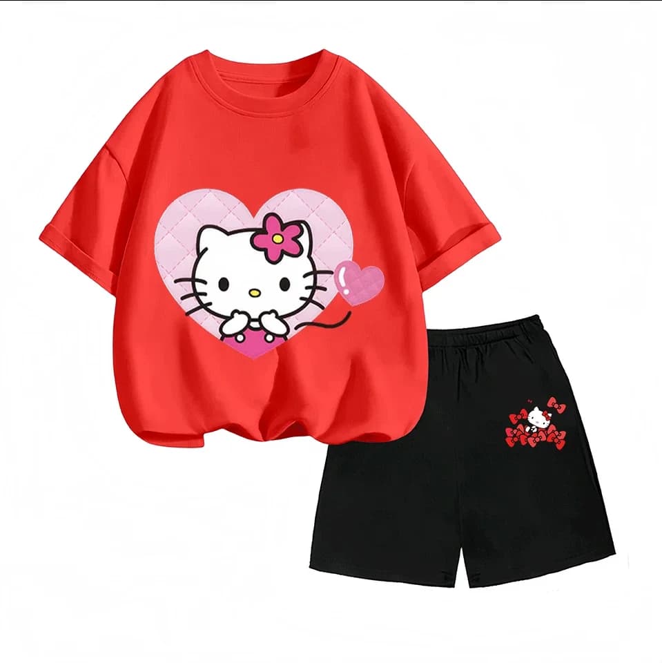 Completo Estivo per Bambini in Puro Cotone con Stampa Sanrio Hello Kitty, Moda Bambini in Offerta