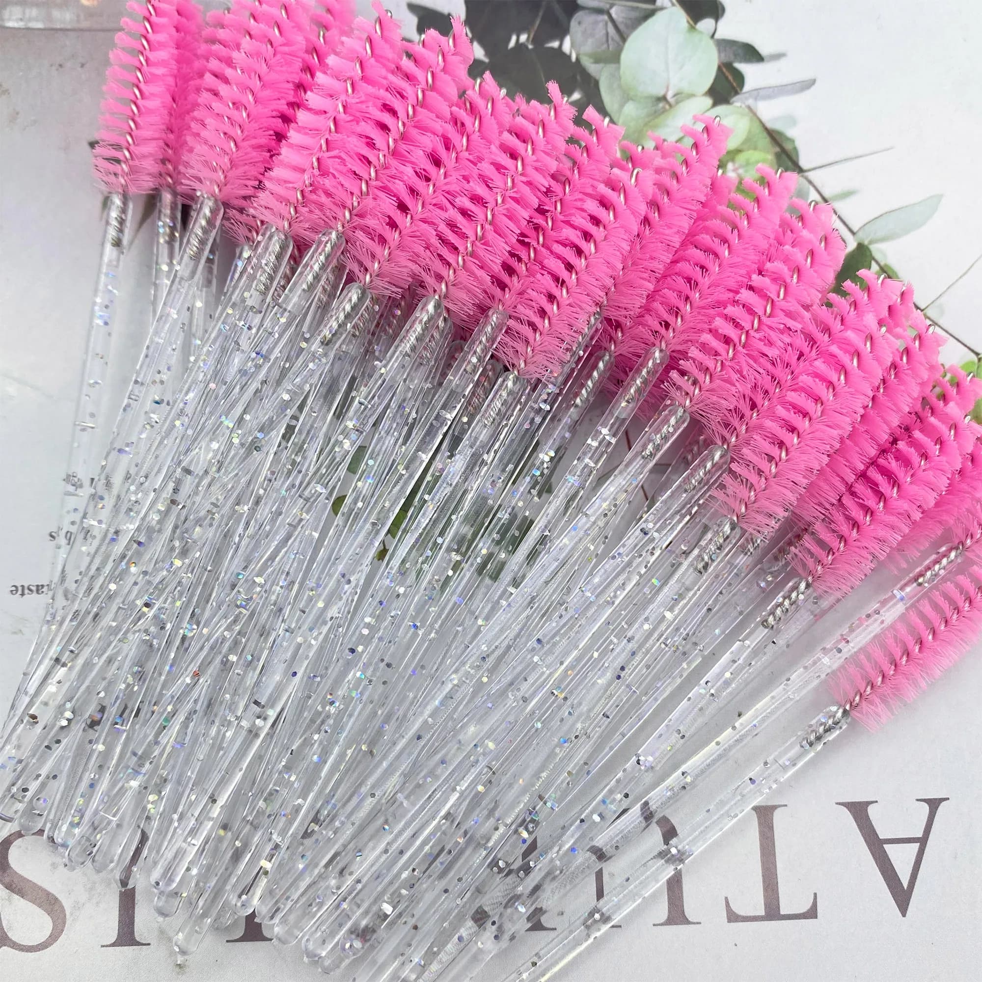 50 pcs Eyelash Brush Crystal Handle with Diamond Makeup Brush Mascara Pads Eyelash Extension Tool Supplies Application Spoolers