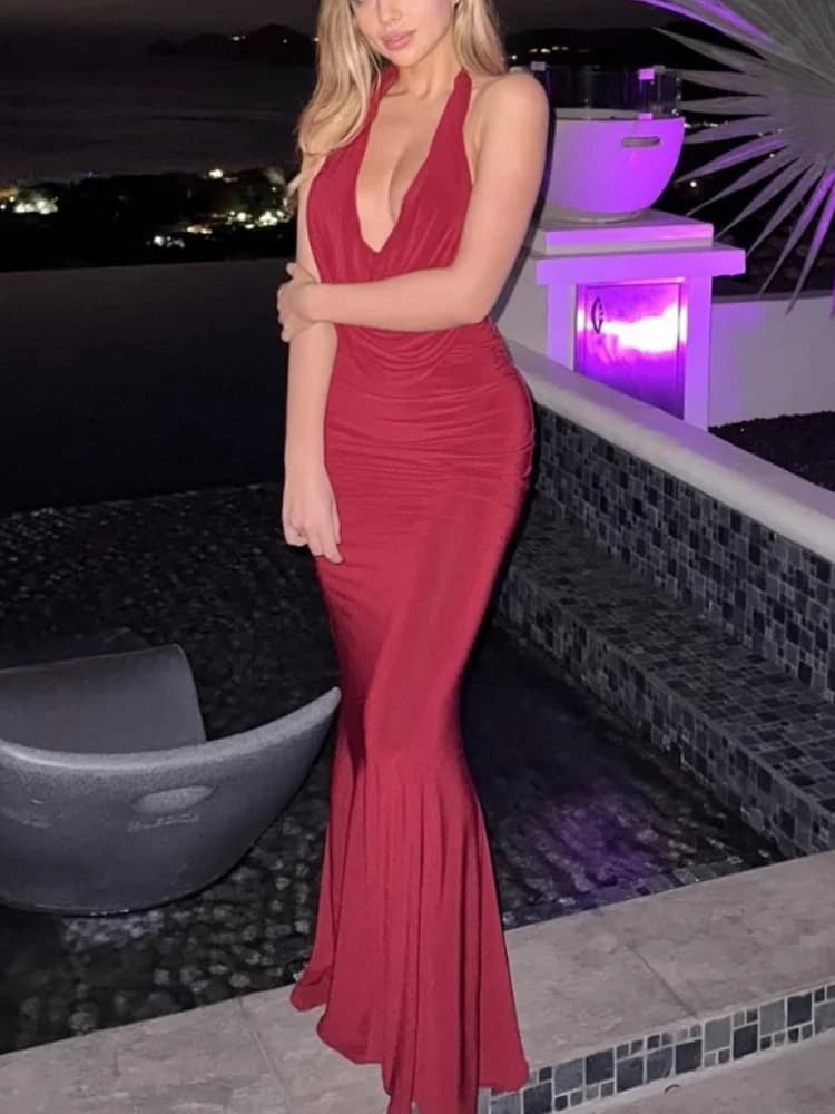 Bangniweigou Deep V-neck halter top + high Waist Pencil Skirt Matching Set women summer elegant nightout sexy red suit beachwear