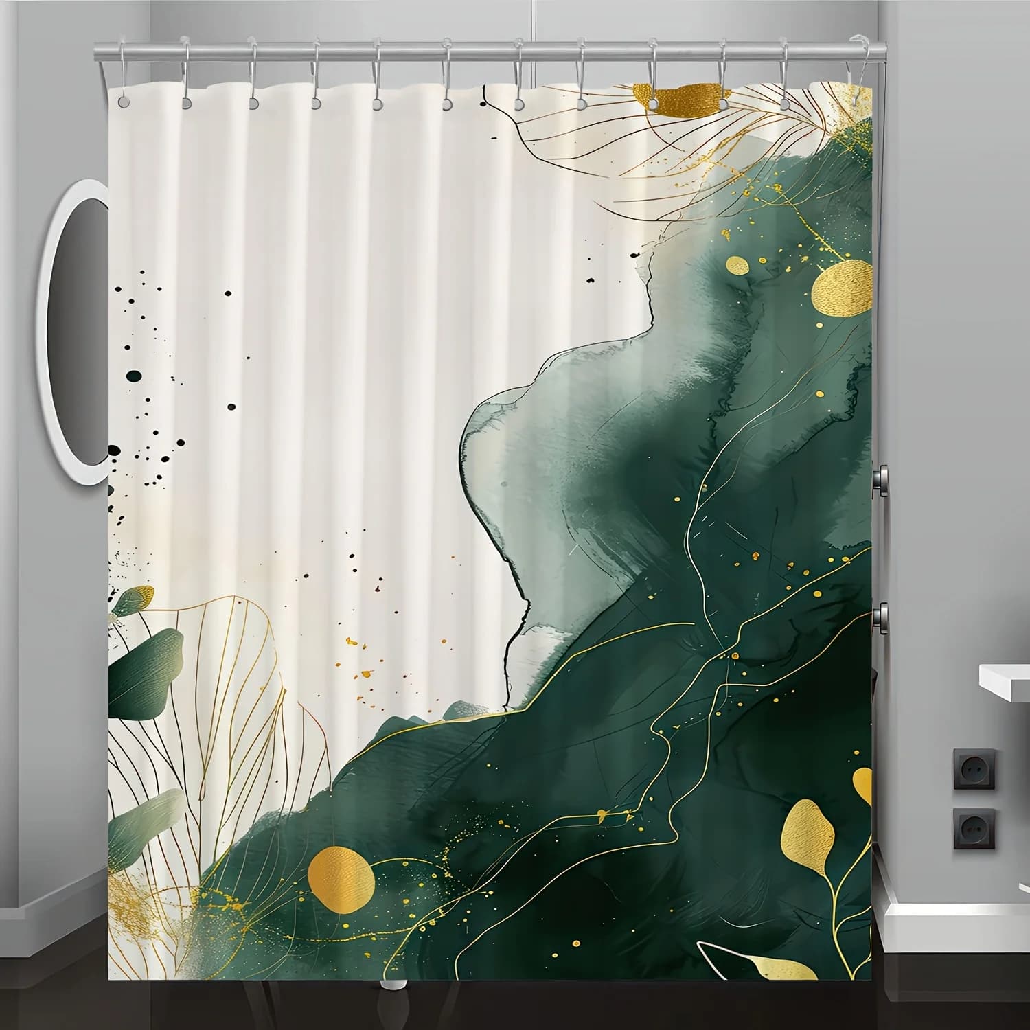 Tenda da doccia moderna con foglie astratte – Design verde e dorato, poliestere lavabile in lavatrice con ganci per l'arredamento del bagno per tutte le stagioni