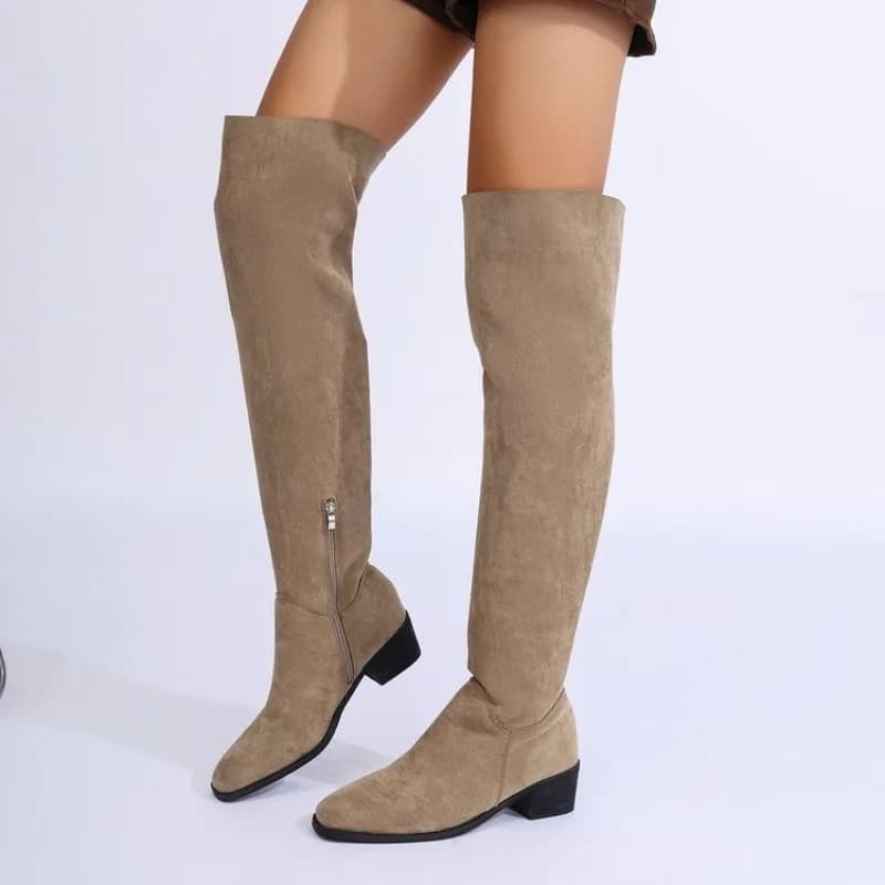 Stivali sopra il ginocchio da donna con tacco basso, cerniera laterale, design morbido effetto camoscio, per autunno e inverno