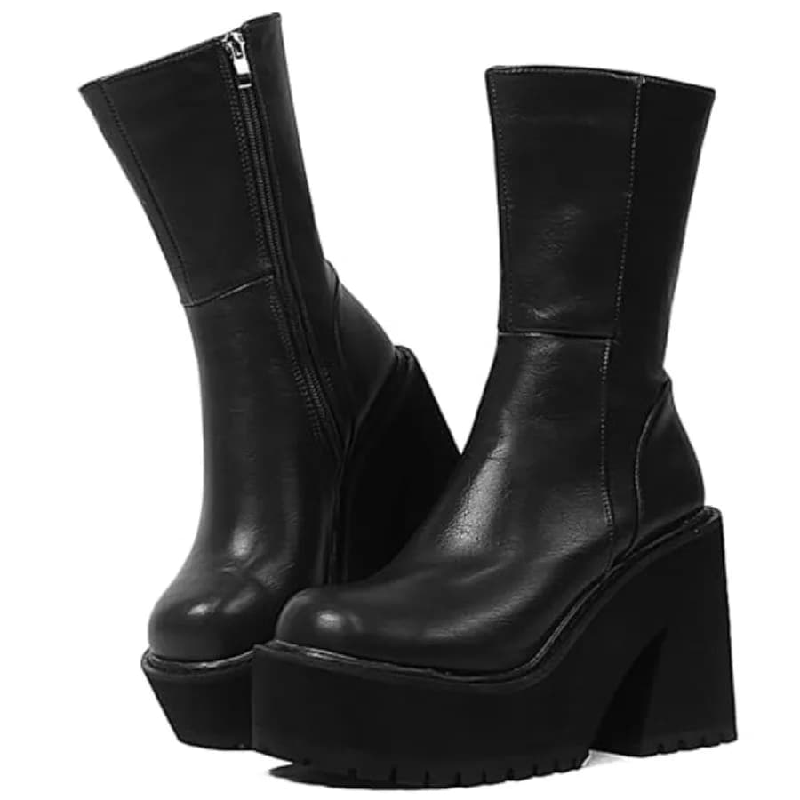 AMINUGAL Womens Wedge Heel Ankle Boots Platform Zipper Punk Motorcycle Booties Chunky Block High Heel Round Toe Fashion Work Co