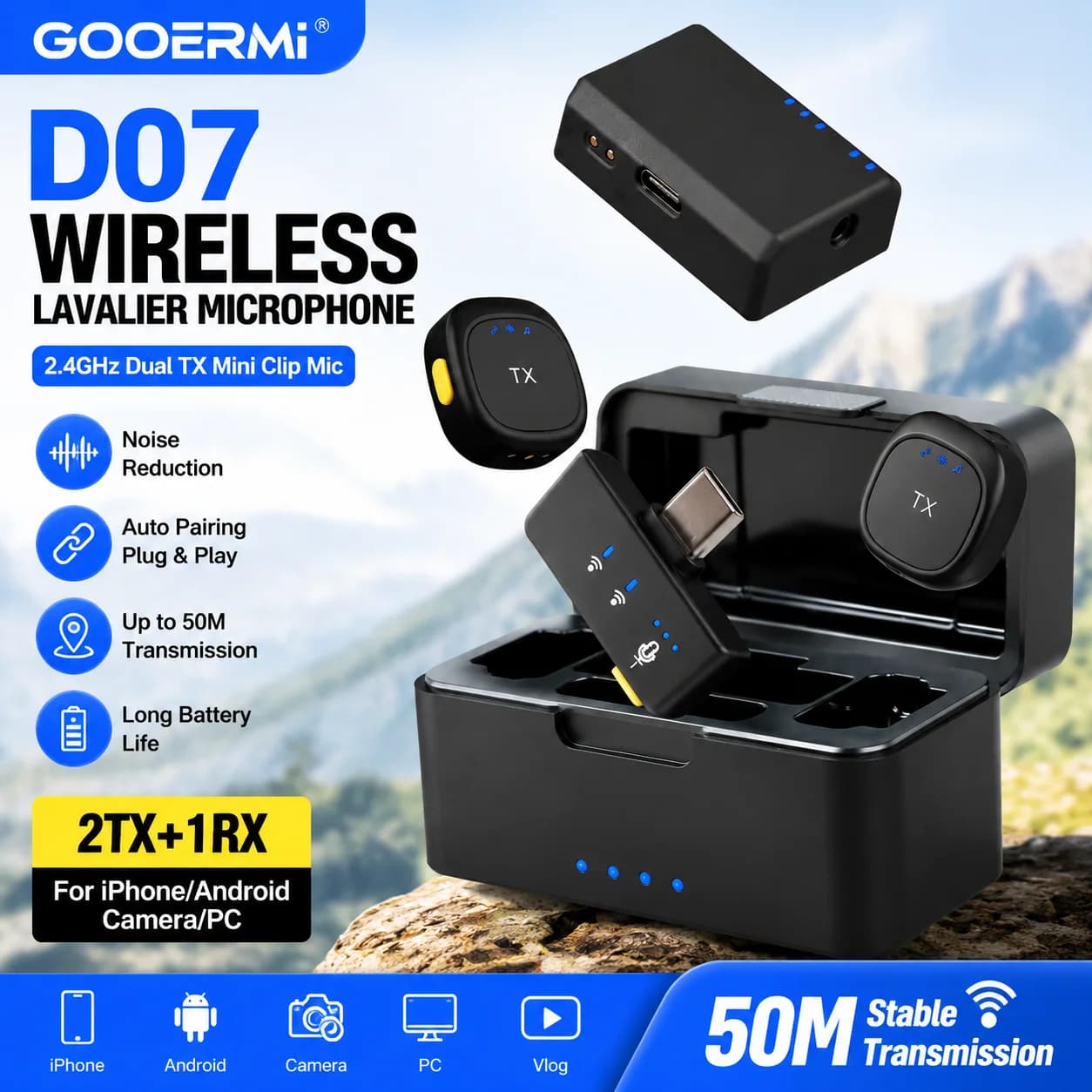 GOOERMI D07 Wireless Lavalier Microphone 2.4GHz Dual TX Mini Clip Mic Noise Reduction for iPhone Android Camera PC Vlog