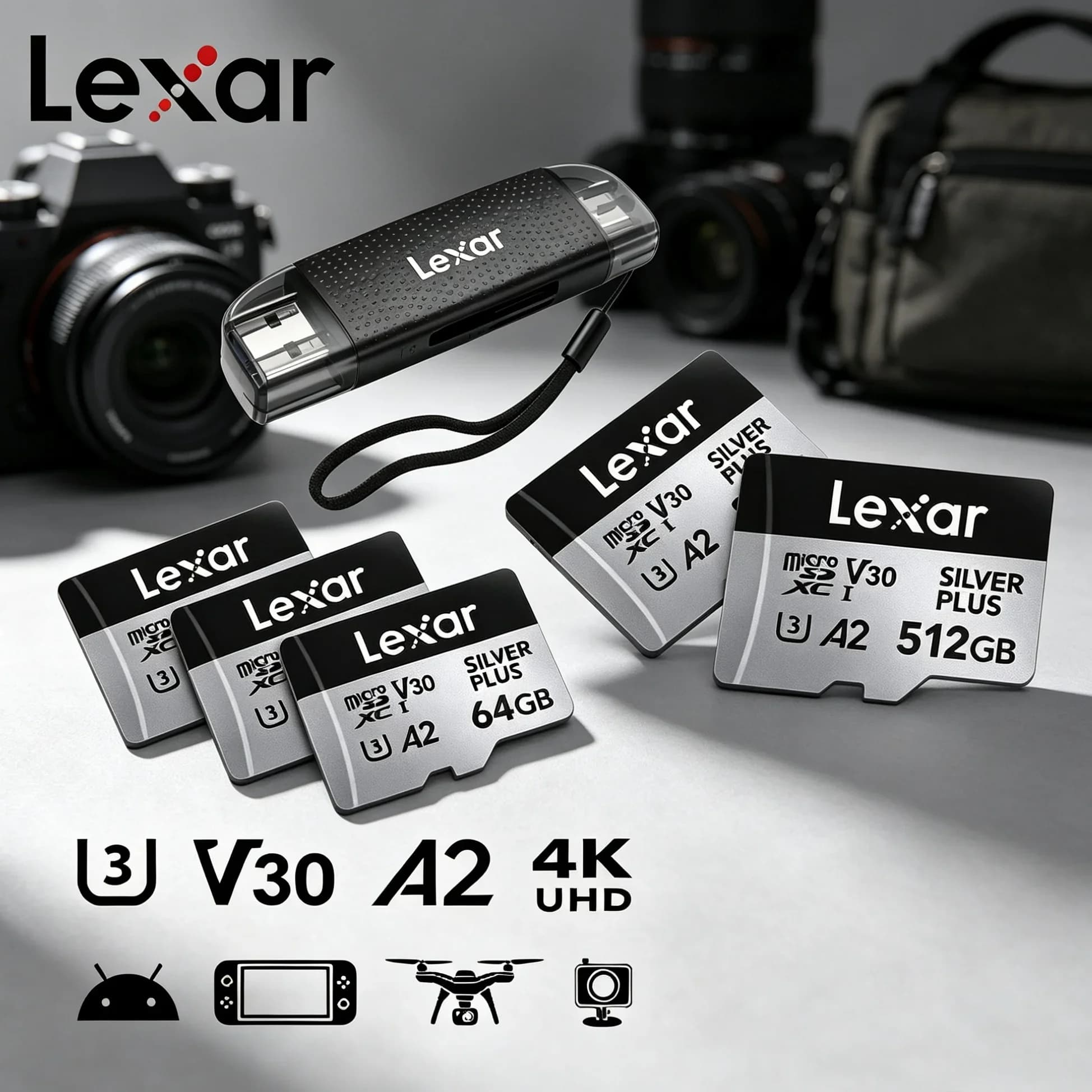 A2 V30 U3 TF Card Lexar Silver Plus 205MB/s MicroSDXC Memory Card 4K Recording for DJI Drone Camera USB3.2 Reader Available