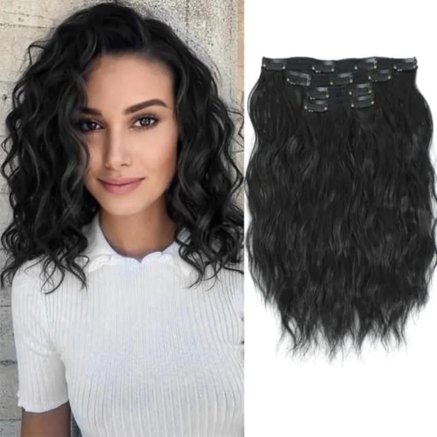 Clip in hair extensions 12 inch short wavy hairpieces black color synthetic hair extensions for women