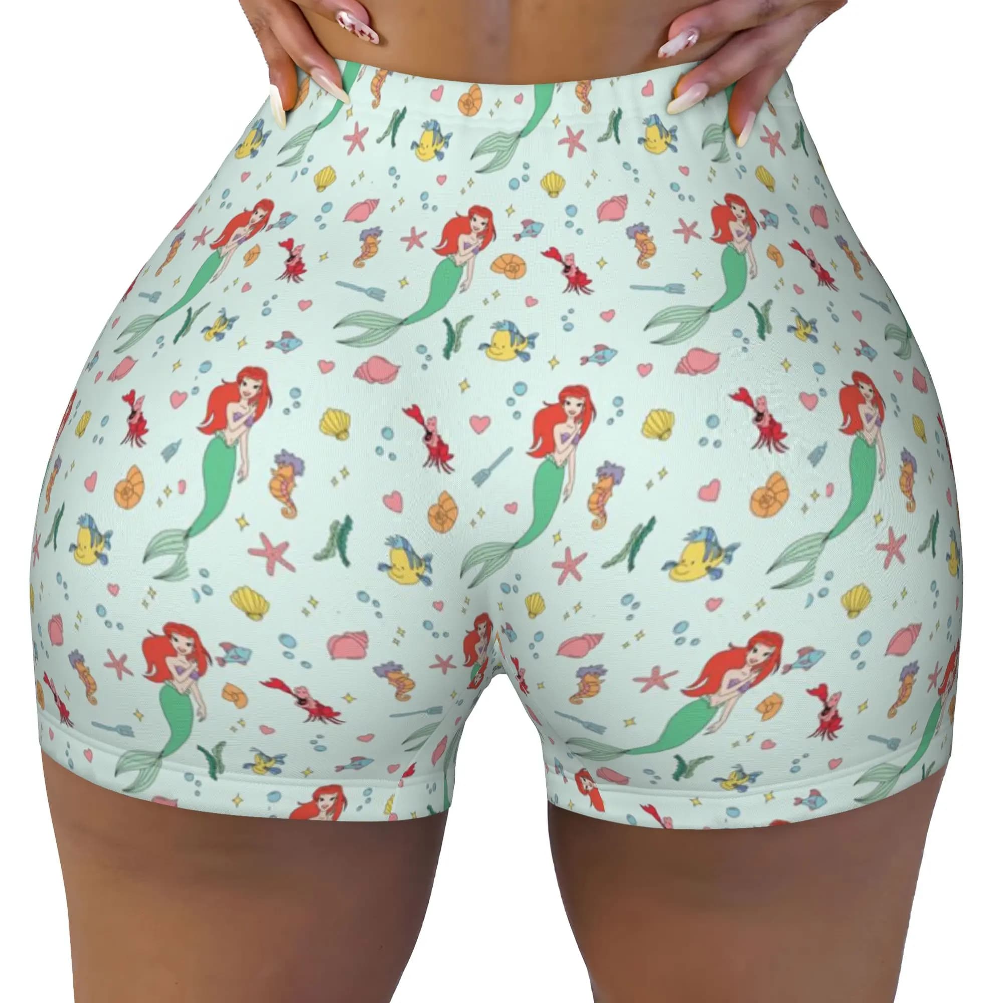 Custom Littles Anime Mermaides Volleyball Biker Workout Shorts Women's Fish Manga Athletic Gym Yoga Shorts
