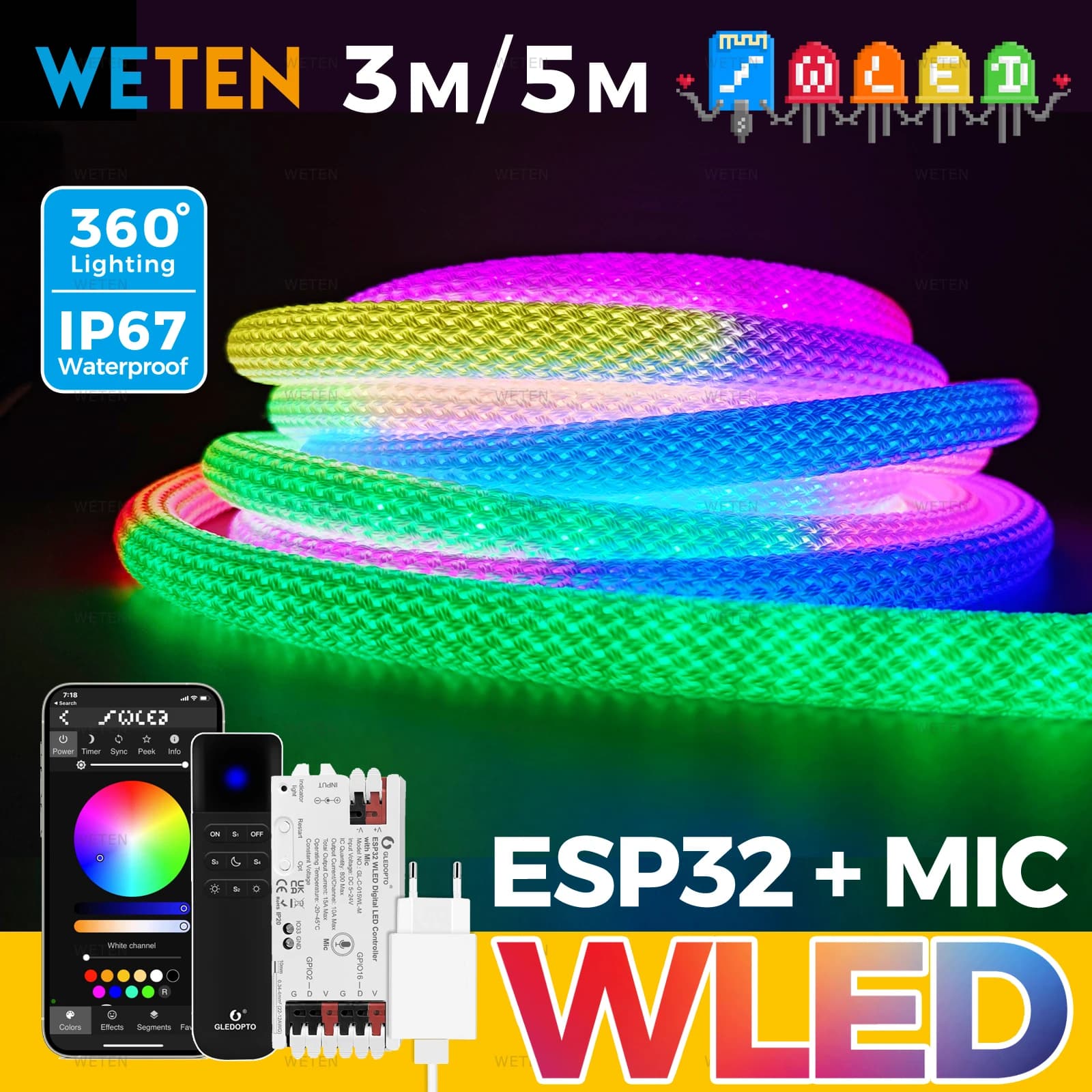 WLED Smart Wifi 360 Tubo Rotondo RGBIC Neon Kit Striscia Led Impermeabile 5V ESP32 Sincronizzazione Musicica APP Supporto di Controllo Alexa Assistente Domestico