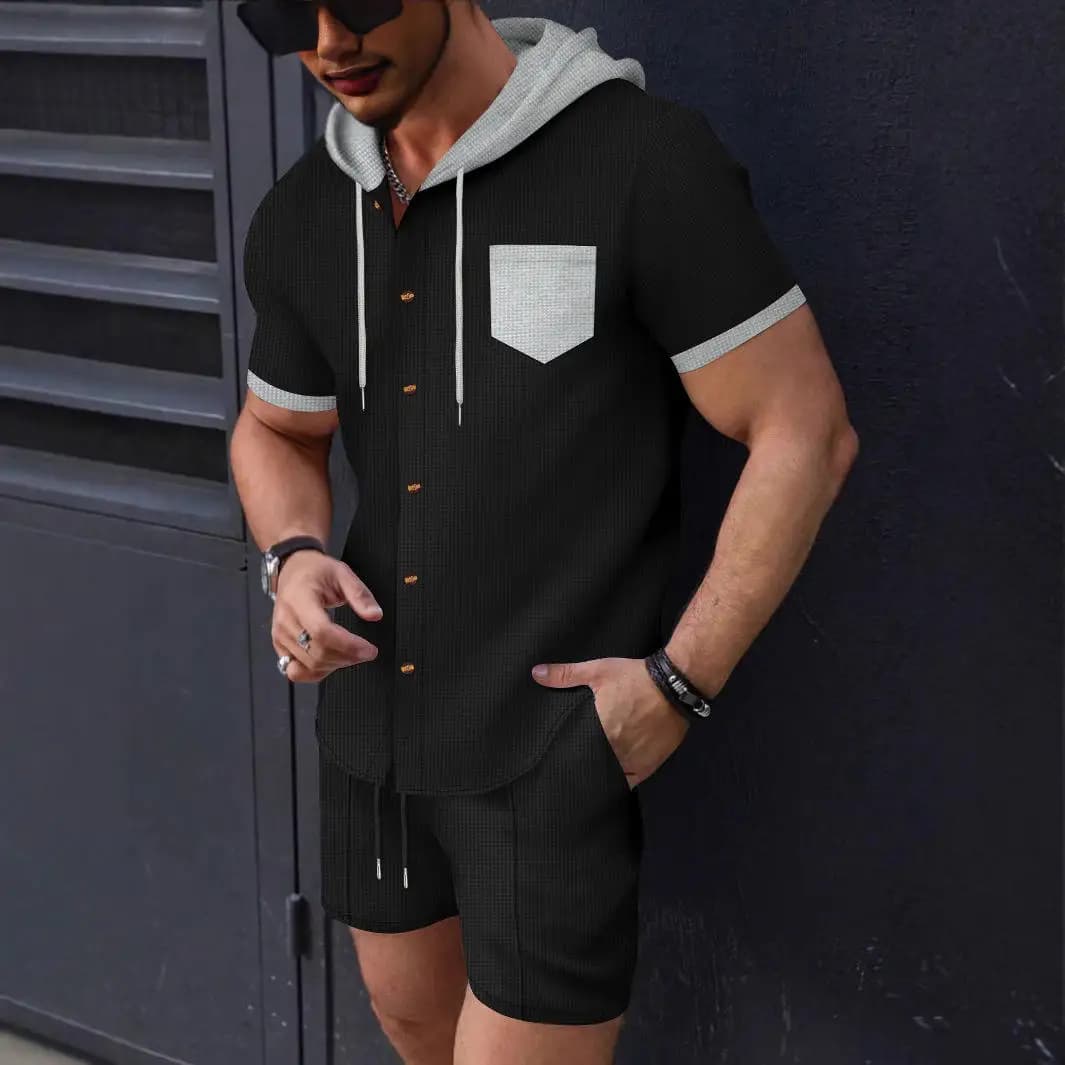New Summer Men's Hooded Short Sleeve Open Cardigan Casual Jacket Shorts Set Color Block Design Polyester Fiber 100%