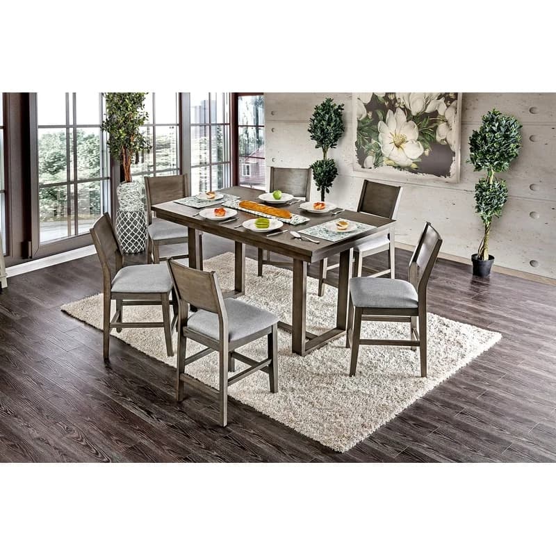 Gray Counter Height Dining Set with 6 Fabric Cushioned Chairs and 1 Table