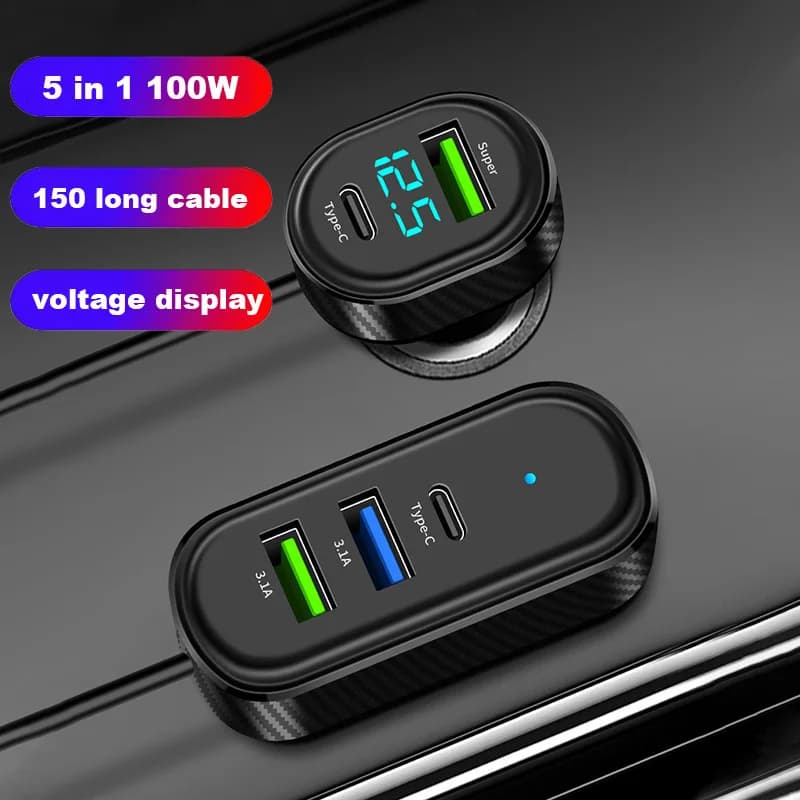 Car Charger with Front and Rear USB Type C to 5 Doors from 100 W with Extension Cable from 1.5 M Quick Charging Power Adapter for Phone