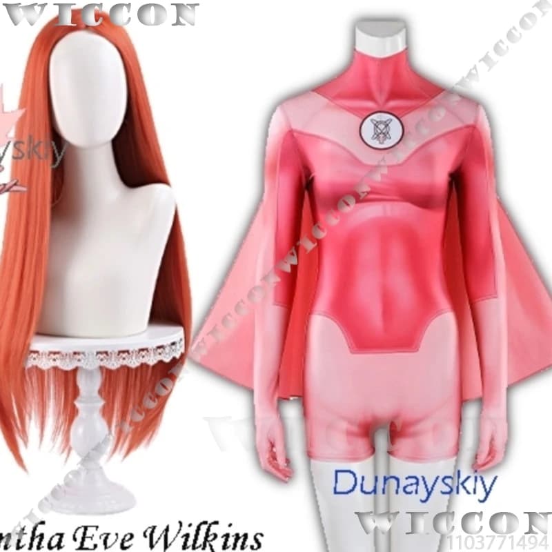 Costume da Supereroe Invincibile Pink Atom Samantha Eve, Tuta con Mantello Rosa, Calzini, Cappa da Supereroe, Body, Halloween, Pigiama, Parrucca, Natale, Carnevale