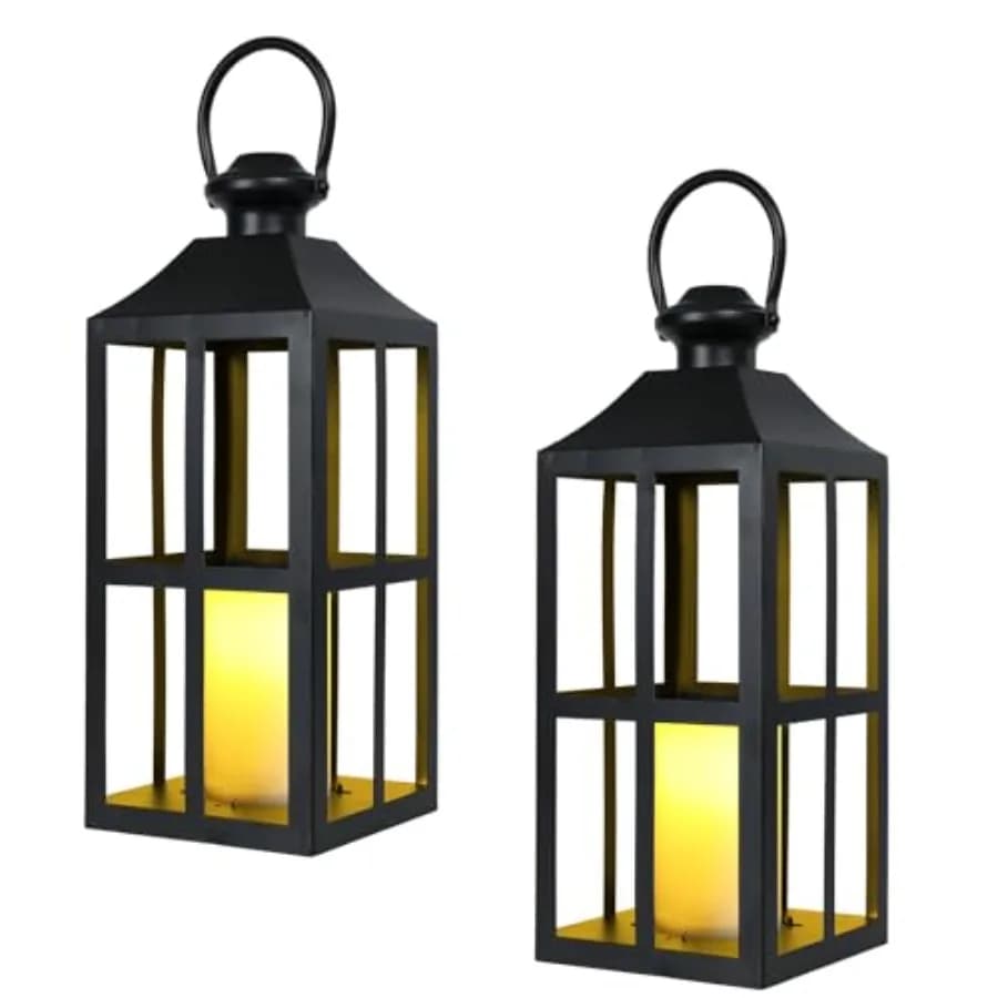 2 Pack Black Metal Lantern with LED Candle Battery Operated 17.7 Inch Tall Decorative Candle Holder for Indoor and Outdoor Use