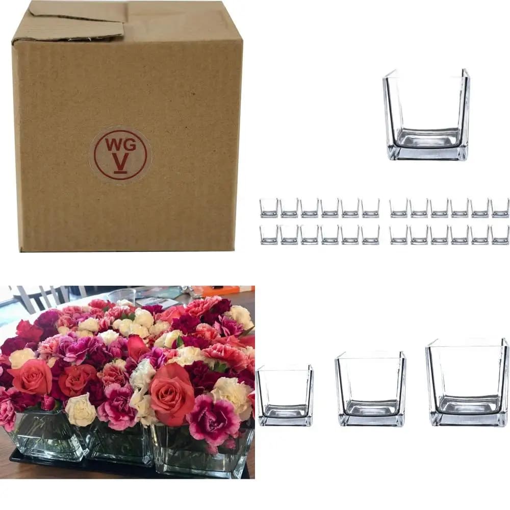 Transparent Glass Cube Vases, 4x4x4, Set of 24 Pieces, for Plants, Candles, Decorations and Events