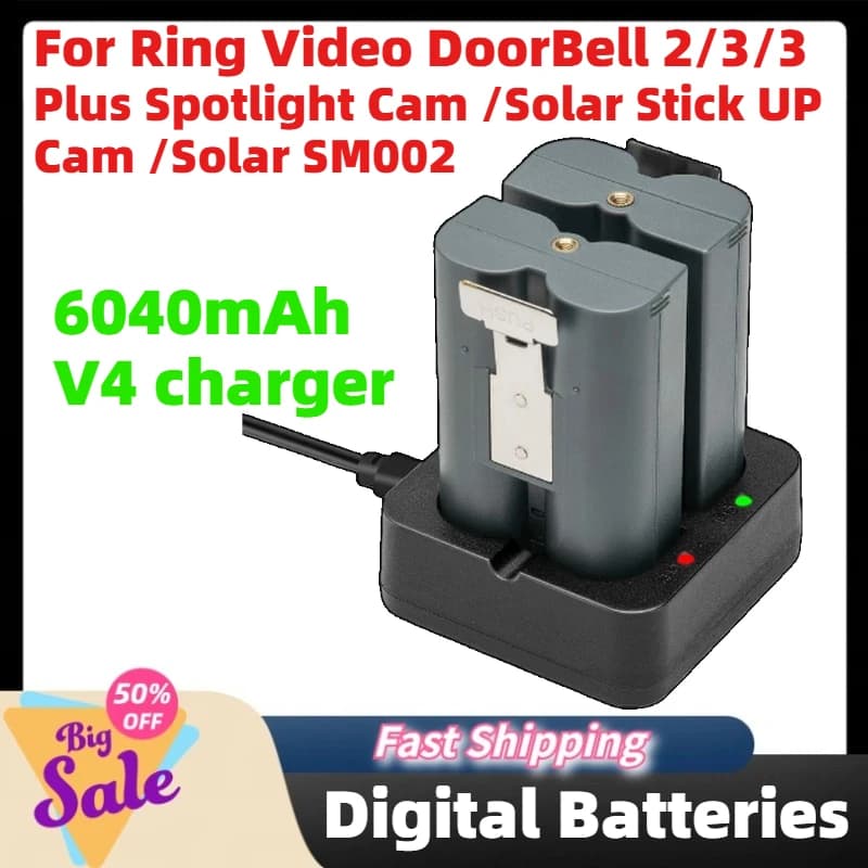Batterie Digitali RV4 da 6040mAh per Ring Video DoorBell 2/3/3 Plus, Spotlight Cam, Battery/Solar Stick UP Cam, Solar SM002