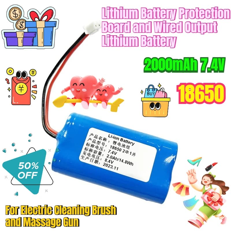 2000mAh 7.4V 18650 Lithium Battery Protection Board and Wired Output Lithium Battery for Electric Cleaning Brush and Massage Gun