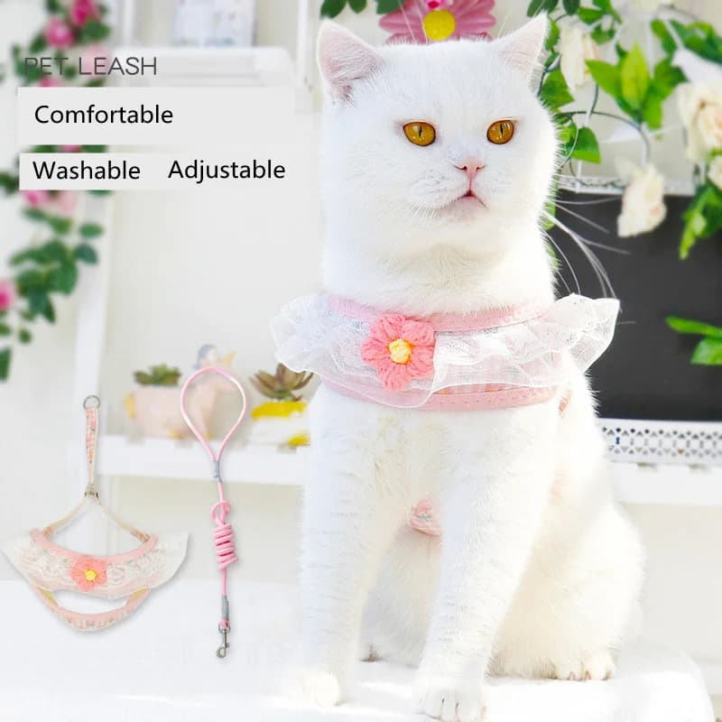 Set di guinzagli per cani e gatti Set di guinzagli per animali domestici con stampa floreale in pizzo regolabile Gilet per cani carino Pettorina per cuccioli in rete Piombo da passeggio per gatti