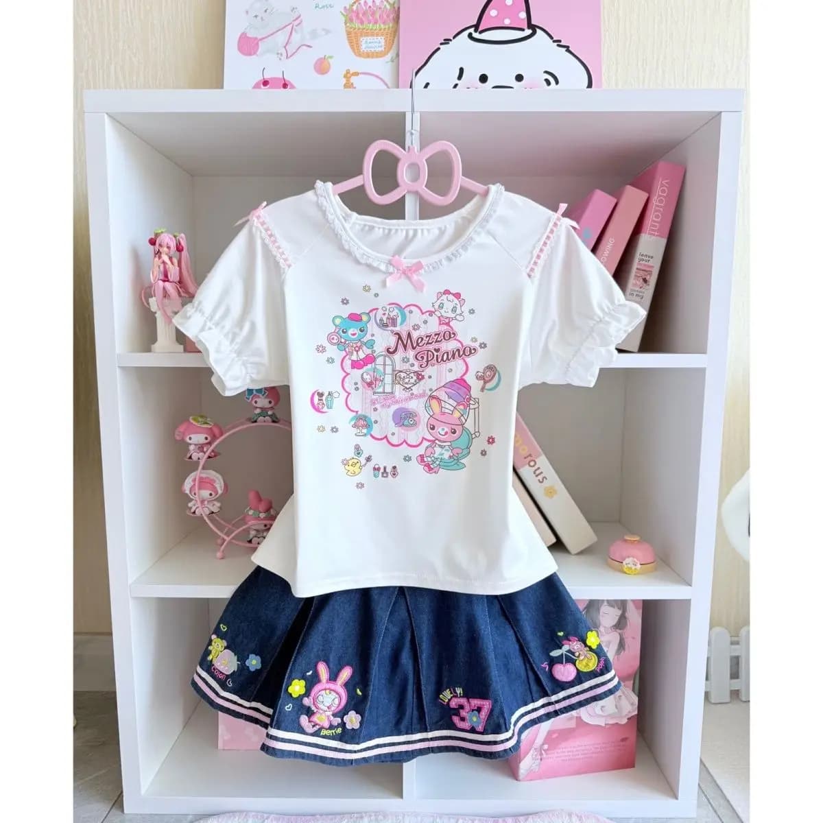 Set di gonne dolci giapponesi Estate New Cartoon Mp T-shirt a maniche corte stampata + Minigonna di jeans ricamata Set da 2 pezzi Abiti Y2k