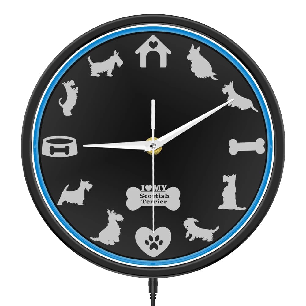 Orologio da Parete LED con Elementi della Razza Scottish Terrier, Decorazione per Casa degli Amanti dei Cani Scottie, Orologio da Parete Illuminato al Neon