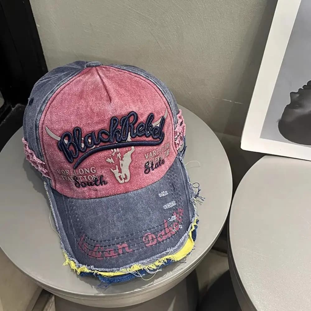 Cappello da Baseball Casual Regolabile in Cotone Lavato con Ricamo a Lettere, Protezione Solare, Stile Punk, Patchwork Colorato, per Esterni
