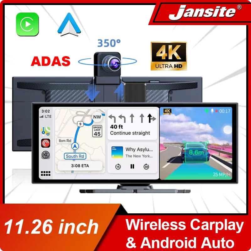 10/11.26‘’ 4K ADAS DVR Wireless CarPlay Android Auto Dash Cam Bluetooth Audio GPS Navigation Dashboard Dual Lens Video Recorder