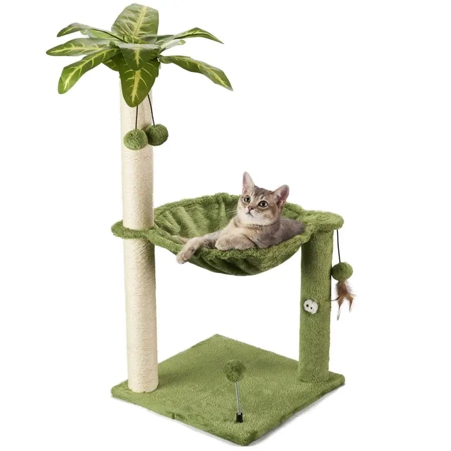 Albero per Gatti da Interno Alto 35 cm con Tiragraffi, Ampio Amaca e Palline Appese, Verde Pianta
