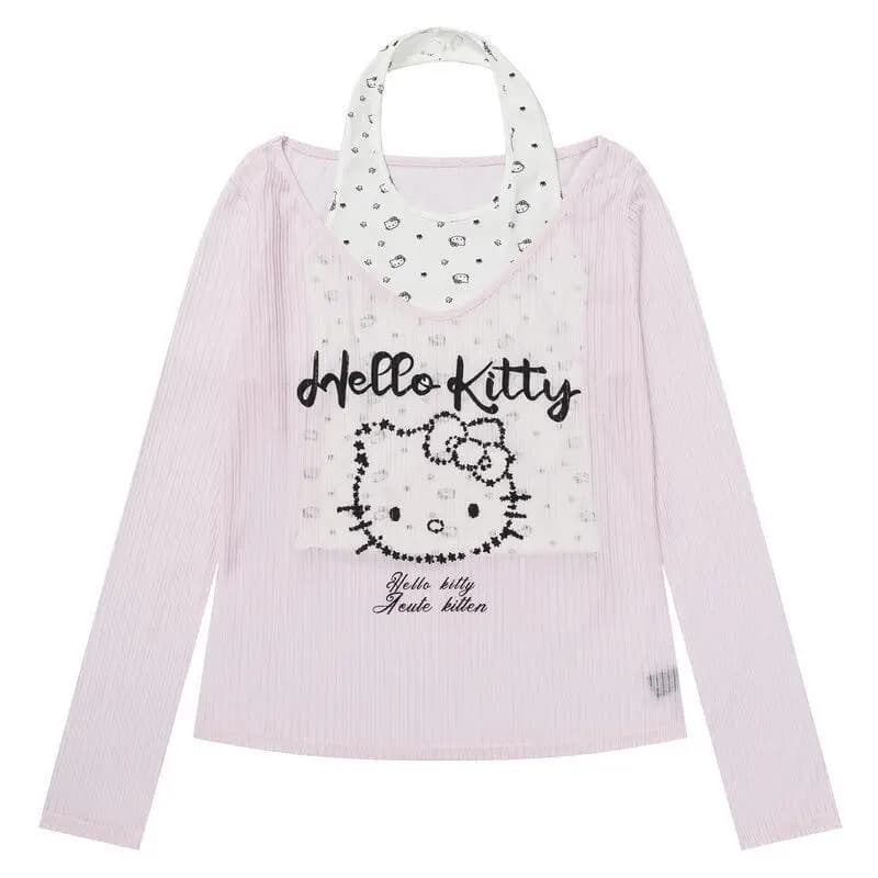 Top a maniche lunghe con scollo all'americana Hello Kitty da donna, nuova collezione primavera estate Sanrio, camicetta due pezzi stile dolce e trendy