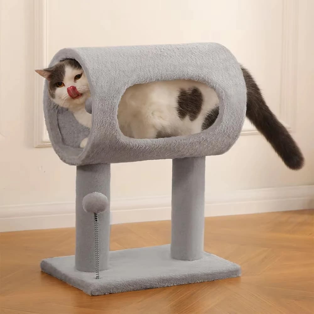 Modern Cat Tree with Plush Tunnel and Scratching Post, Indoor Cat Tower with Hanging Ball Toy for Kittens and Cats