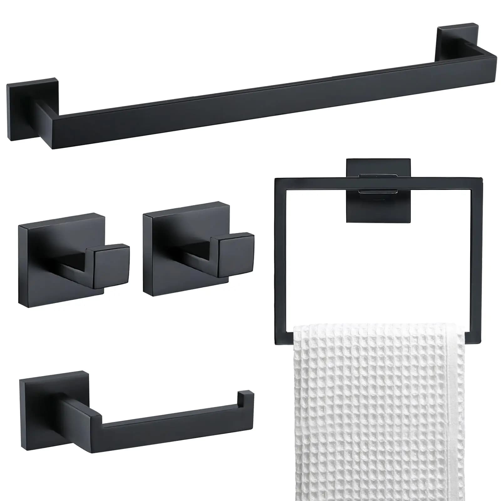 5-Piece Matte Black Bathroom Hardware Set 23.6 Inch SUS304 Stainless Steel Towel Bar Wall Mounted Square Toilet Paper Holder