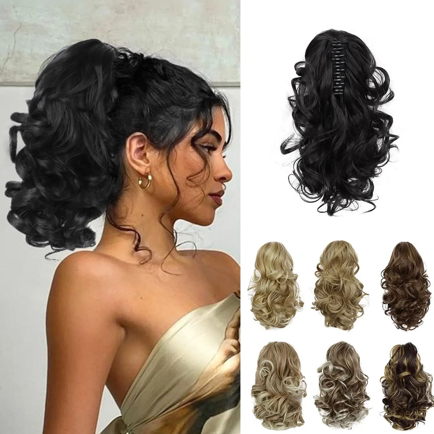 Synthetic 12" Claw Clip in Short Curly Wavy Pony Hair Extension Jaw Clip on Pony Tail Hairpiece for Black Women