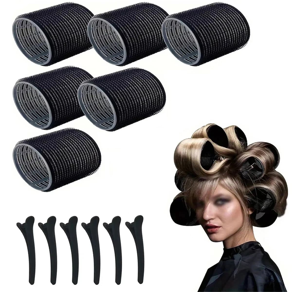 Set di 12 Accessori per Capelli da Donna (6 Ferri Arricciacapelli + 6 Clip) Nero, Strumento per Arricciare i Capelli per Frangia e Uso Quotidiano