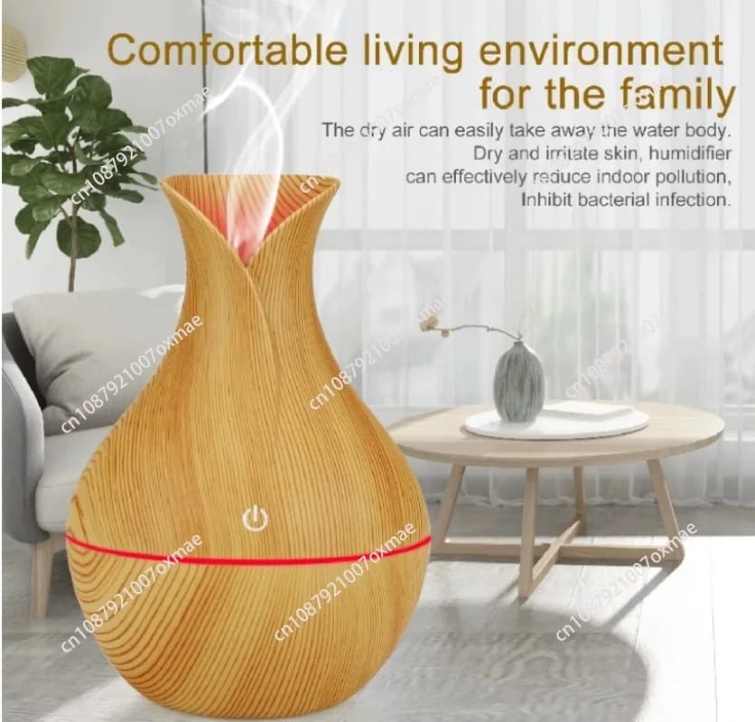 USB Mini Wood Grain Aroma Diffuser 130ml Ultrasonic Cool Mist Humidifier 7 Color LED Auto Shut Off for Home Office