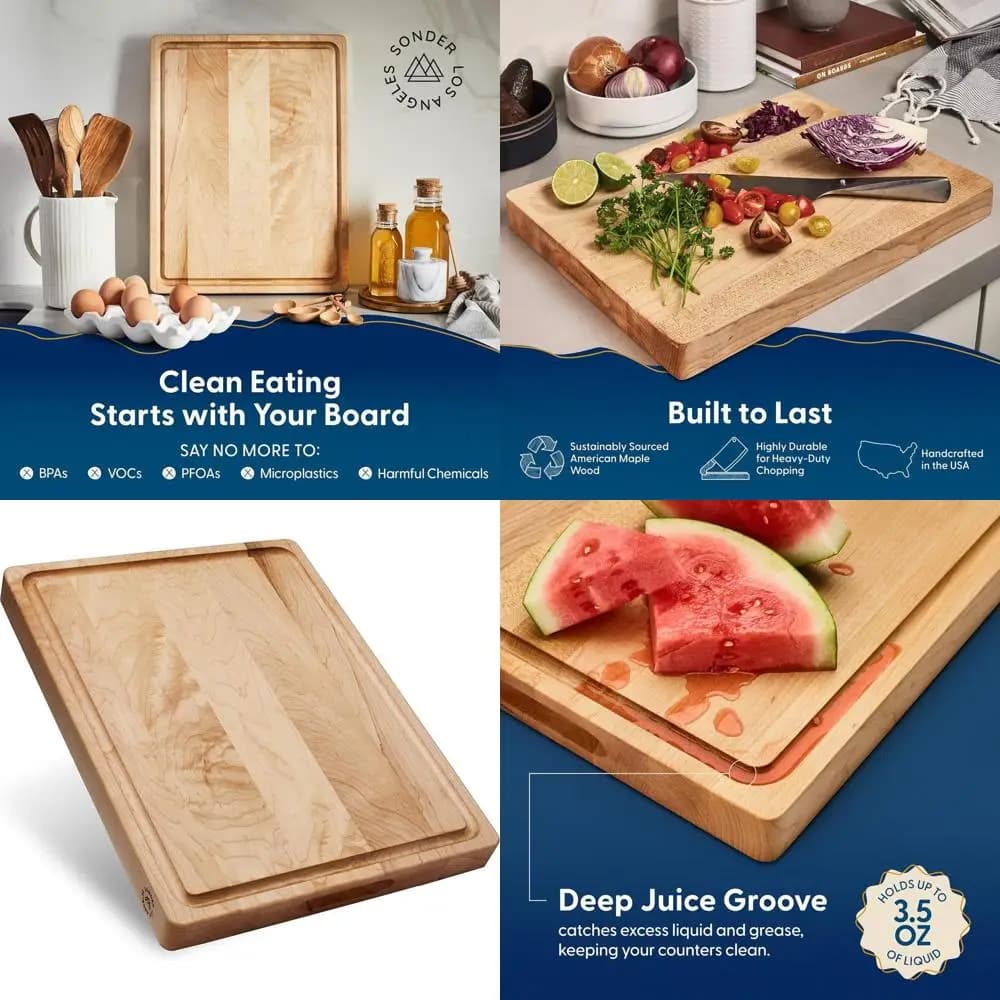 Large cutter in maple wood often with groove for juice and switching compartment, 17x13x1,5 inches, cutter for meats, kitchen Ess