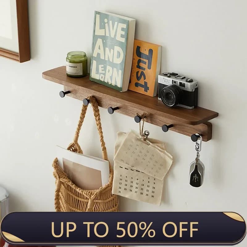 Wall Mounted Coat Rack with Storage Shelf Entrance Hall Clothes Storage Hanger Solid Wood Clothing Bag Organizer Hanging Hook