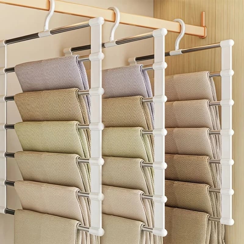 7 Layers Stainless Steel Pants Hanger,Space-saving Foldable Stainless Steel Jeans Hanger, Non-Slip Wardrobe Storage Clothes Rack