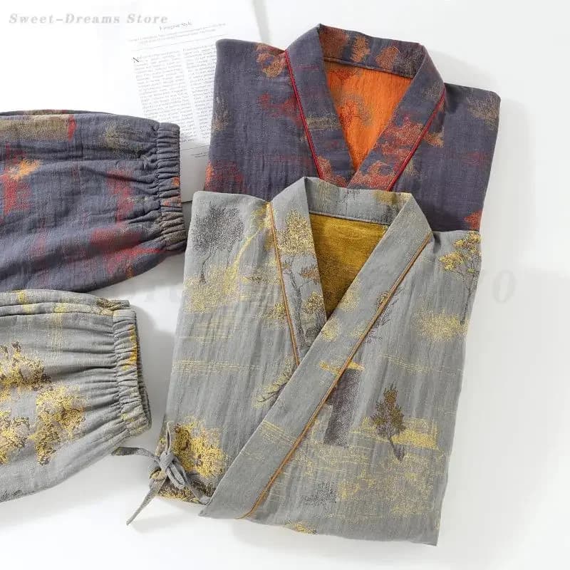 Indumenti da notte stampati in cotone da uomo Autunno Nuovo stile giapponese Kimono Pigiama casual allentato Set Abbigliamento da casa Indumenti da notte con scollo a V Pigiama