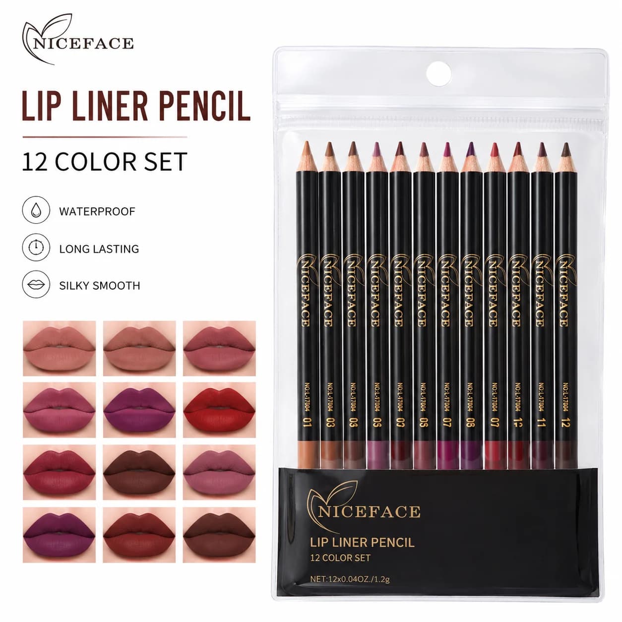 NICEFACE Matte Lip Liner Pencil Waterproof Long Lasting Velvet Highly Pigmented Smooth Lip Contour Makeup 12 pieces per pack